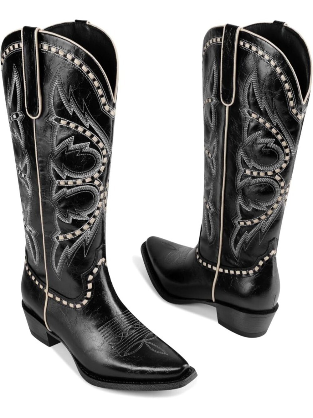 Women’s Black Faux Leather Knee High  Square Toe Chunky Low Heel Cowgirl Boots - Picture 4 of 6